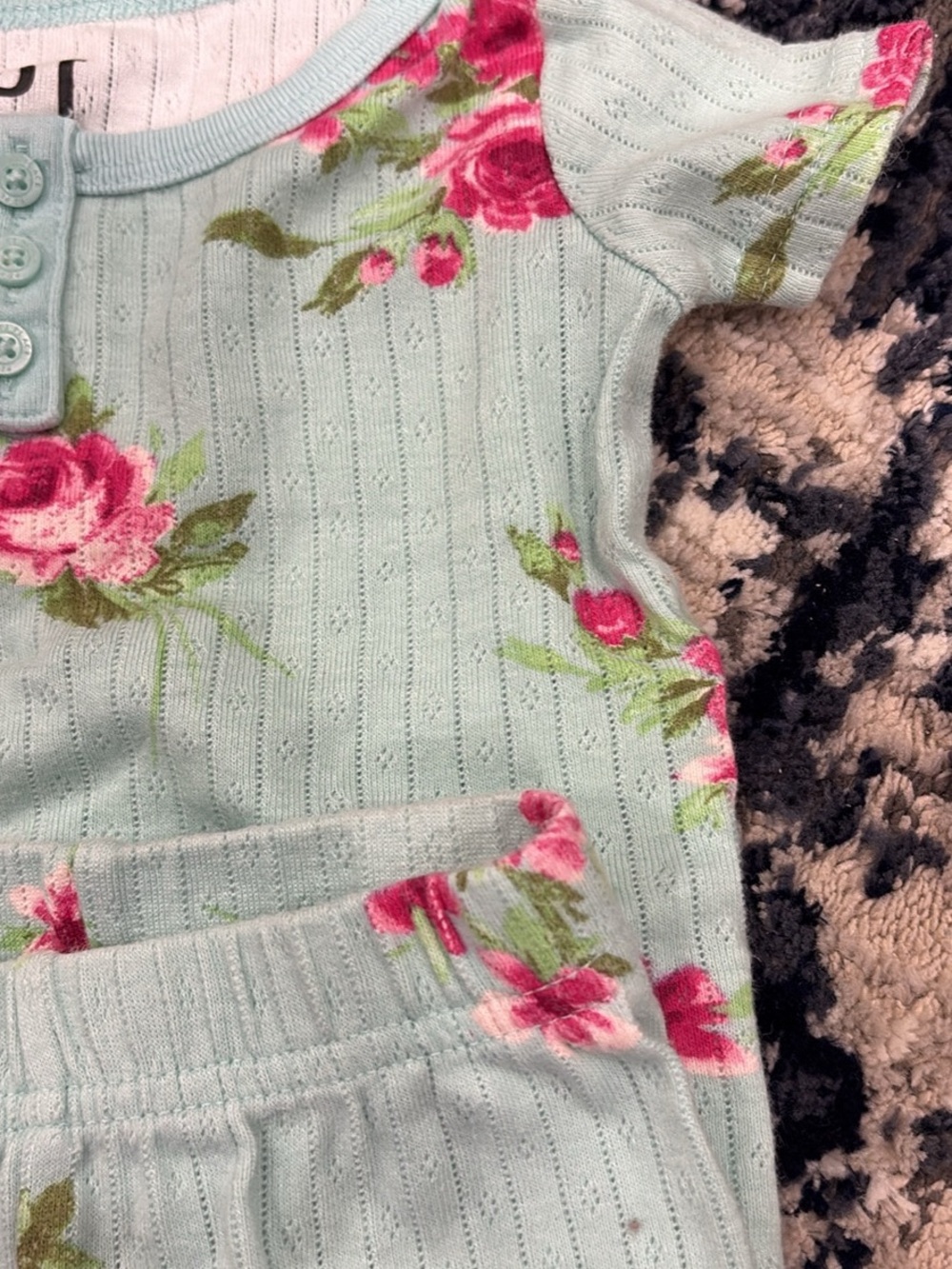 Kids Floral Thermal Matching Set - Light Mint with Pink Roses - Picture 4 of 6